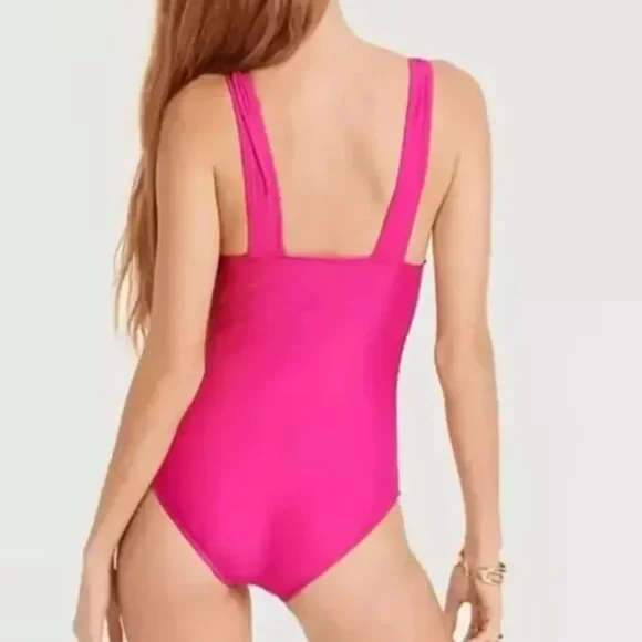 J. Crew Ruched V-Neck One‎ Piece Swimsuit Size 6 Pink BC116 Full Coverage Bottom - Picture 2 of 13